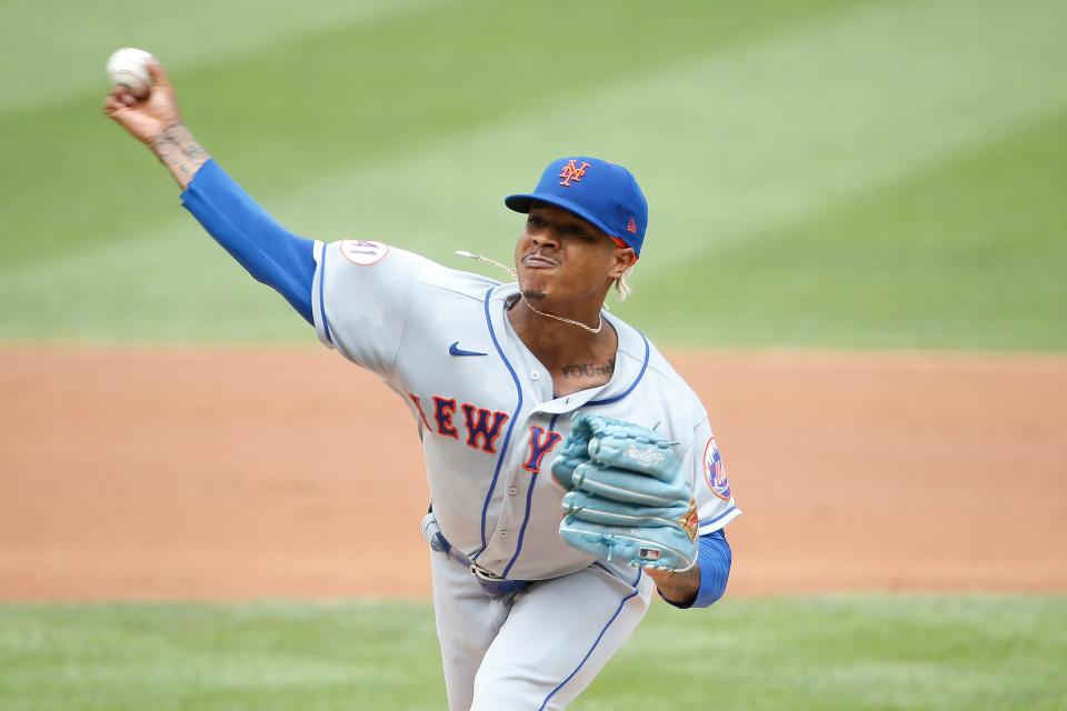 Sep 4, 2021; Washington, District of Columbia, USA; New York Mets starting pitcher Marcus Stroman (0) throws the ball in the first inning against the Washington Nationals at Nationals Park.