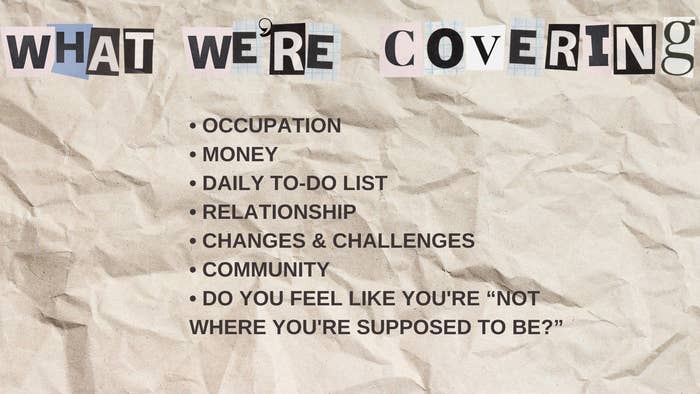 Text on crumpled paper reads: "WHAT WE'RE COVERING: Occupation, Money, Daily To-Do List, Relationship, Changes & Challenges, Community, Do you feel like you're 'not where you're supposed to be?'"