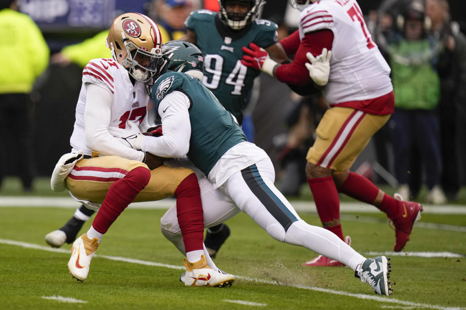 Philadelphia Eagles linebacker Haason Reddick (7) sacks San Francisco 49ers quarterback Josh Johnson during the first half of the NFC Championship NFL football game between the Philadelphia Eagles and the San Francisco 49ers on Sunday, Jan. 29, 2023, in Philadelphia. (AP Photo/Seth Wenig)