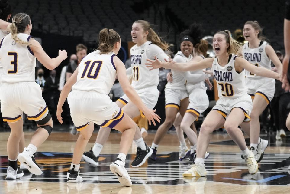 Ashland players celebrate after the NCAA Women's Division 2 championship basketball game against Minnesota Duluth Saturday, April 1, 2023, in Dallas. Ashland won 78-67 to win the championship. (AP Photo/Morry Gash)