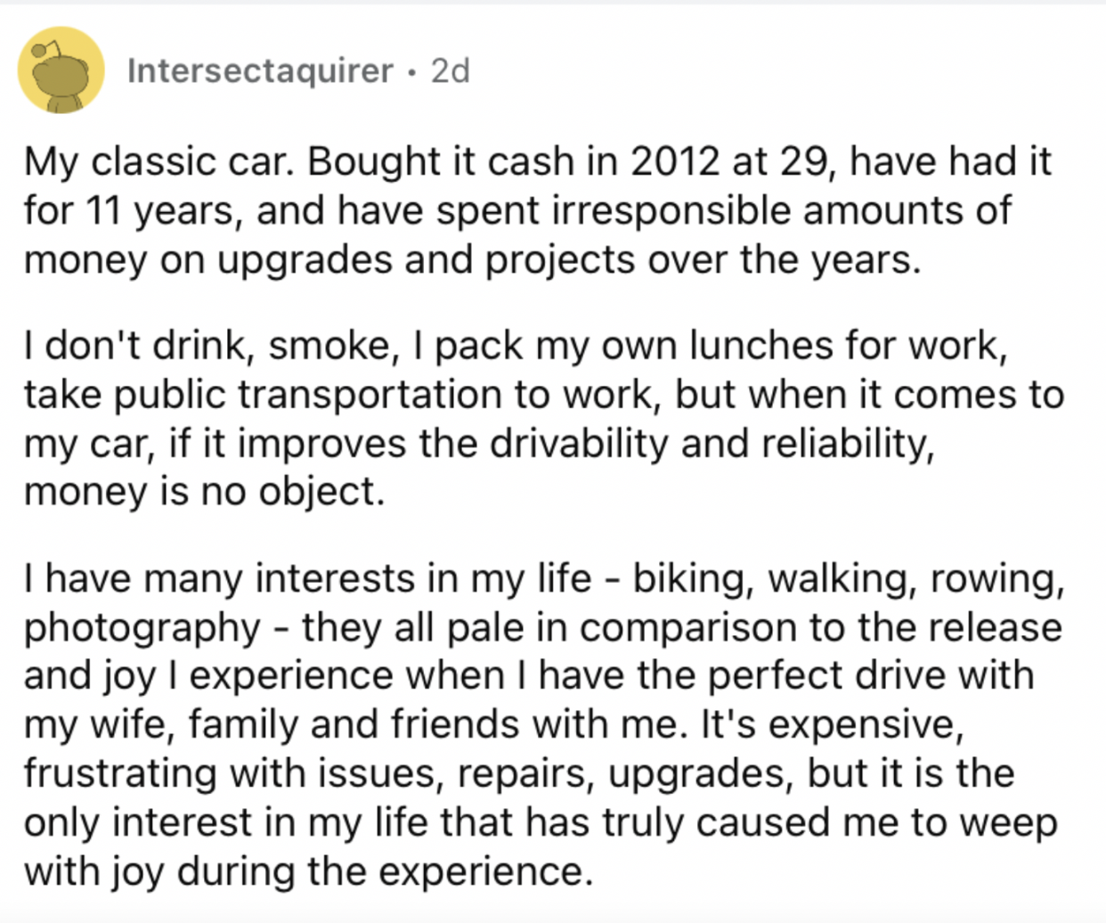 Reddit screenshot of someone talking about their classic car.