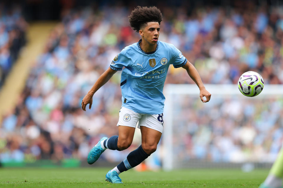 MANCHESTER, ENGLAND - SEPTEMBER 14: Rico Lewis of Manchester City during the Premier League match between Manchester City FC and Brentford FC at Etihad Stadium on September 14, 2024 in Manchester, England. (Photo by James Gill - Danehouse/Getty Images)