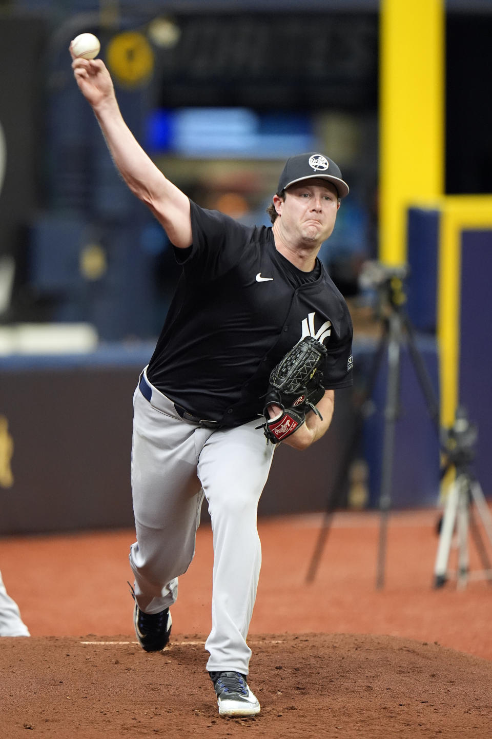 New York Yankees pitcher Gerrit Cole throws a bullpen session before a baseball game against the Tampa Bay Rays, Saturday, May 11, 2024, in St. Petersburg, Fla. (AP Photo/Chris O'Meara)