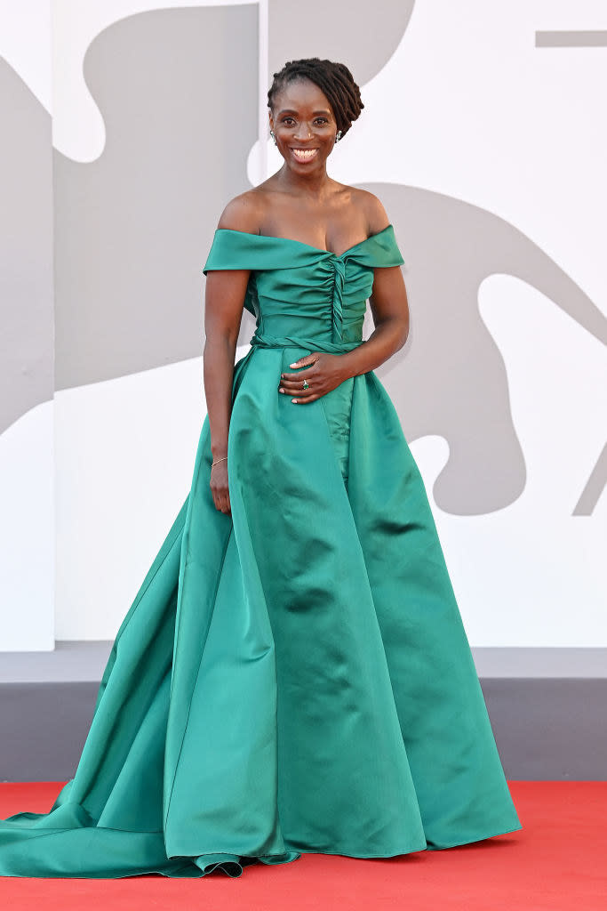 Sharon Duncan-Brewster in a jewel green gown on the red carpet for "Dune"