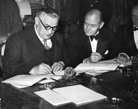 Ernest Bevin (left) in 1948. His ‘grand design’ was to build political, military and economic co-operation with western European nations (Getty)
