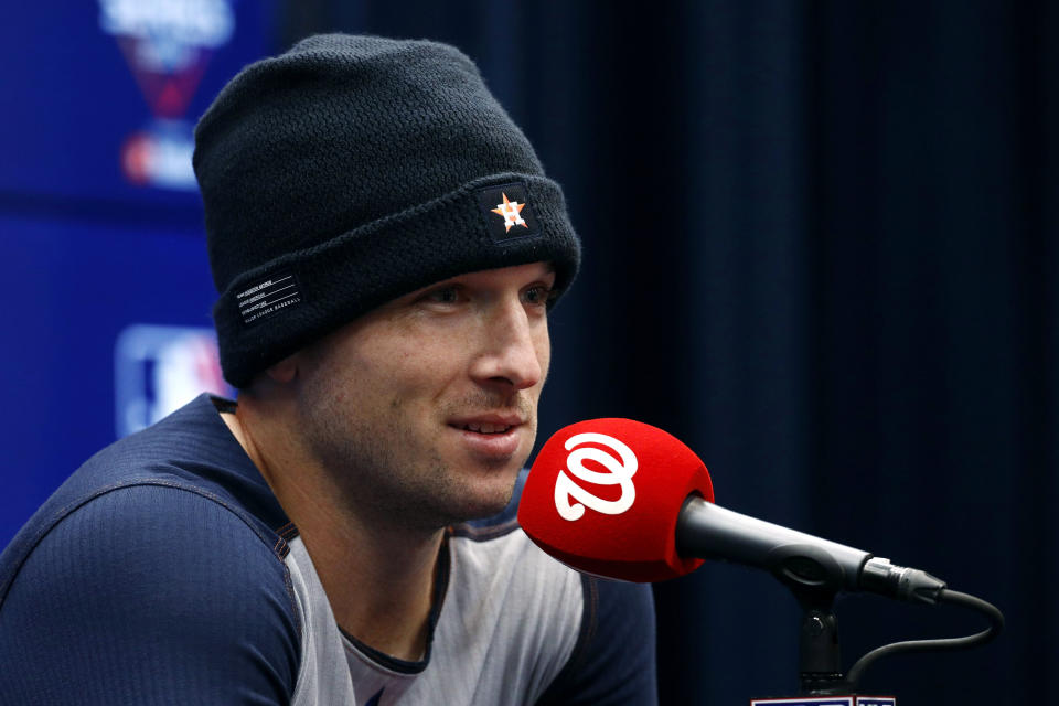 Houston Astros third baseman Alex Bregman speaks during a news conference Thursday, Oct. 24, 2019, in Washington. The Astros and the Washington Nationals are scheduled to play Game 3 of baseball's World Series on Friday (AP Photo/Patrick Semansky)