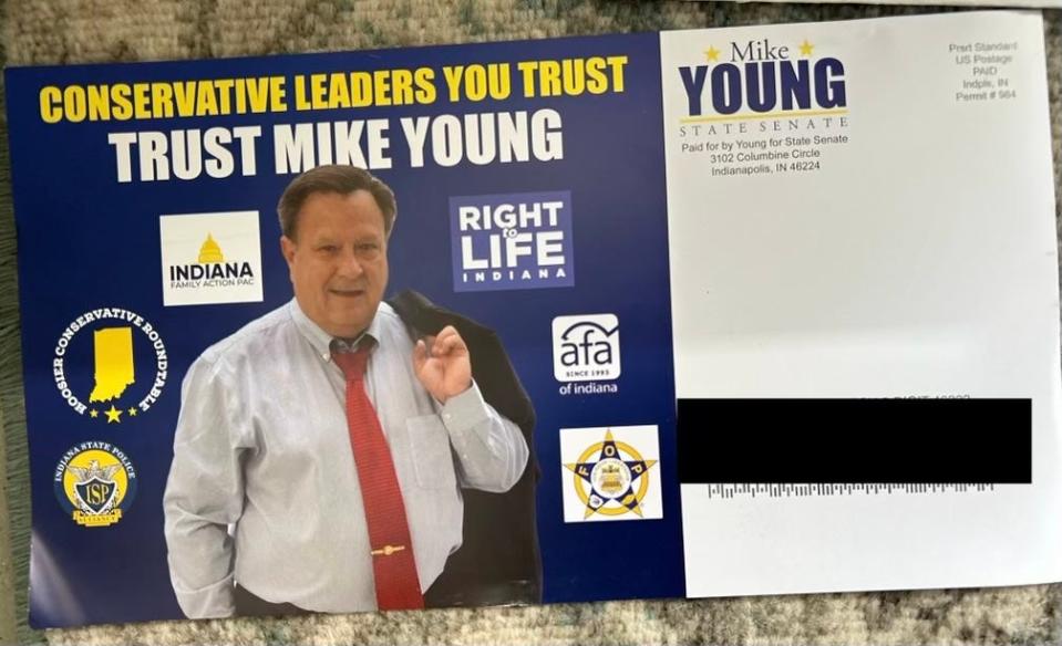 Campaign flyers from Sen. Mike Young that Republican voters in Indiana Senate District 35 received Friday, April 19, 2024.