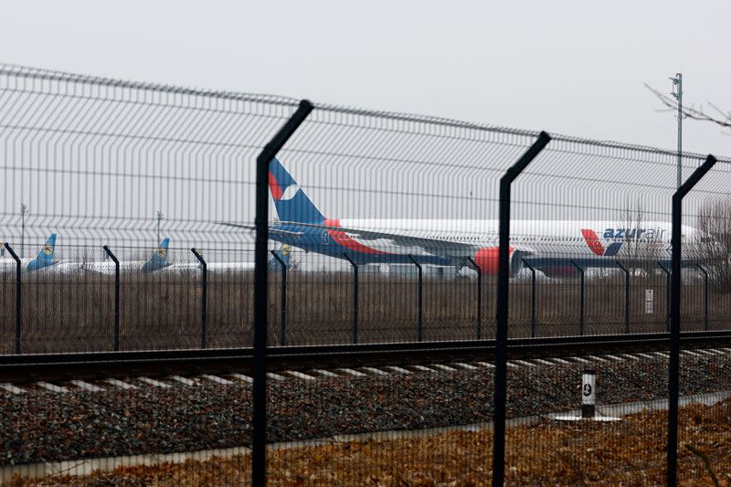 Parked planes are seen at Boryspil International Airport after Russia launched a massive military operation against Ukraine