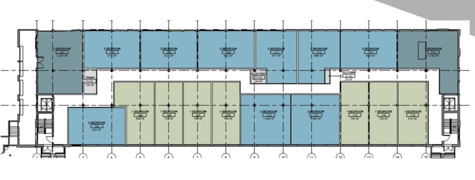 Here is the floor plan for the second through fifth stories of the Stenton Trust mill, which developers are proposing to fill with apartments in Sanford, Maine. According to the applicants, the zig-zag-like path of the hallway is designed to prevent a straight "bowling alley look" and instead create a sense of small "neighborhoods" within the building.