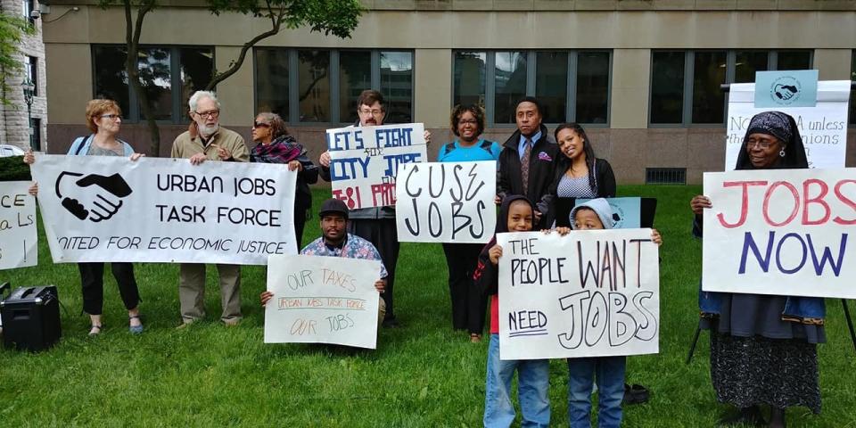 Deka Dancil at a press conference to announce an I-81 campaign for local jobs.