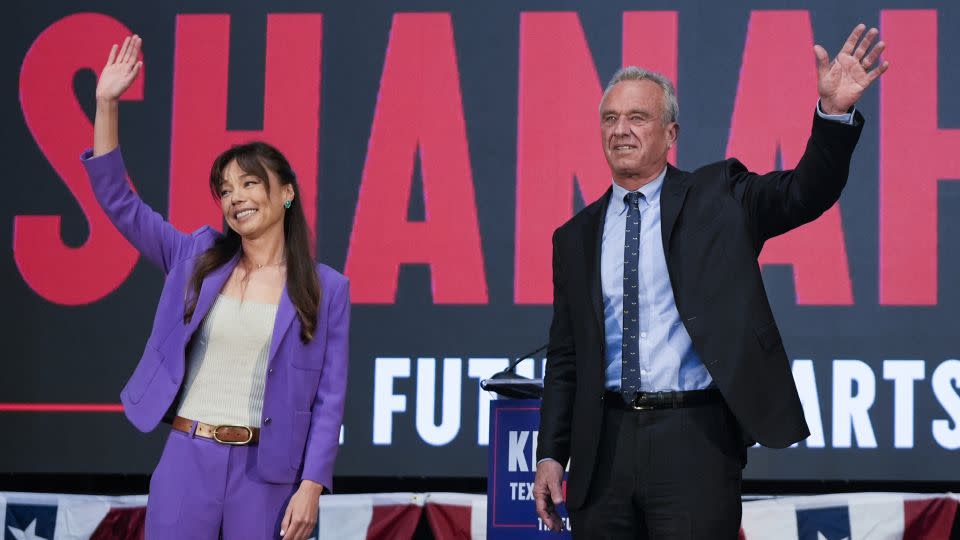 Robert F. Kennedy Jr. appears with Nicole Shanahan, after announcing her as his running mate Tuesday. - Eric Risberg/AP