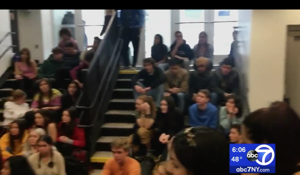 Students at Eleanor Roosevelt High School in New York City organized a sit-in to support a black classmate handed a tampon with the N-word written on it. (Screenshot: ABC 7)