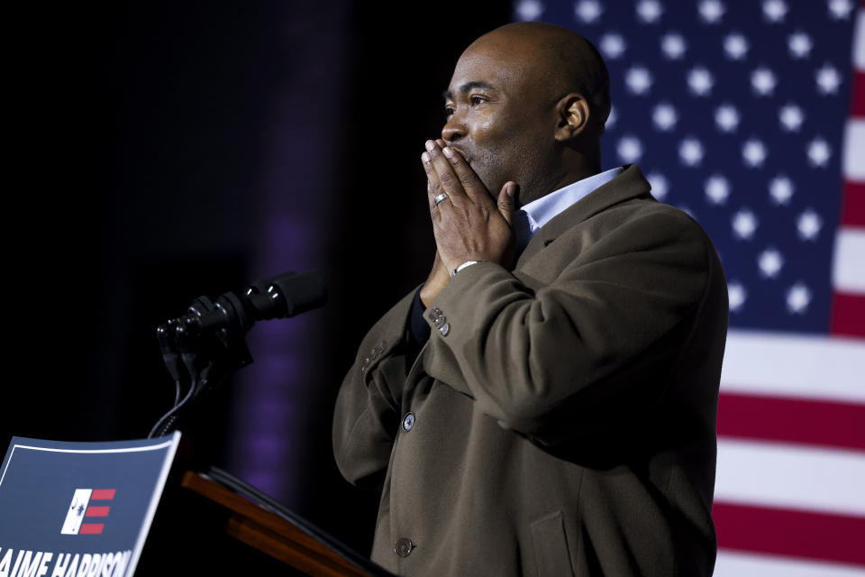 Democratic Senate candidate Jaime Harrison thanks supporters after conceding to South Carolina Sen. Lindsey Graham on Nov. 3, in Columbia, South Carolina. Harrison's high-dollar campaign failed to unseat the Trump-loving incubent. (Photo: Michael Ciaglo via Getty Images)