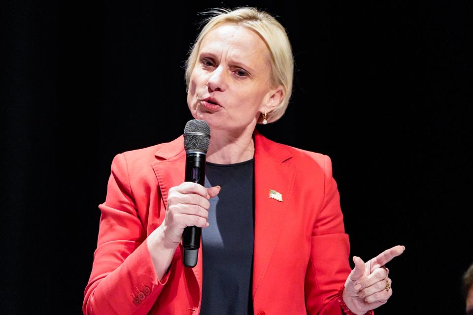 Incumbent Rep. Victoria Spartz speaks during a League of Women Voters forum on Thursday, April 4, 2024, at Anderson High School Auditorium in Anderson Ind. The forum included Republican and Democratic candidates running for the 5th Congressional District.