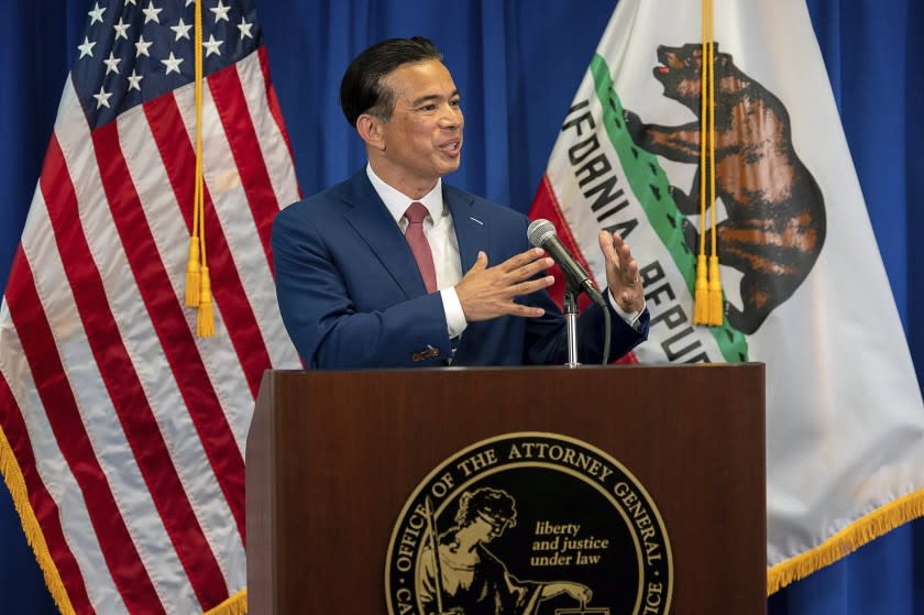 FILE - In this April 23, 2021, file photo, California Attorney General Rob Bonta speaks in Sacramento, Calif. On Wednesday, June 302, 2021, Bonta's office release a report that shows California hate crimes reached its highest reported level in more than a decade last year. There was a doubling of crimes against those of Asian descent and a nearly 90% jump in those targeting Blacks. (Paul Kitagaki Jr./The Sacramento Bee via AP, Pool, File)