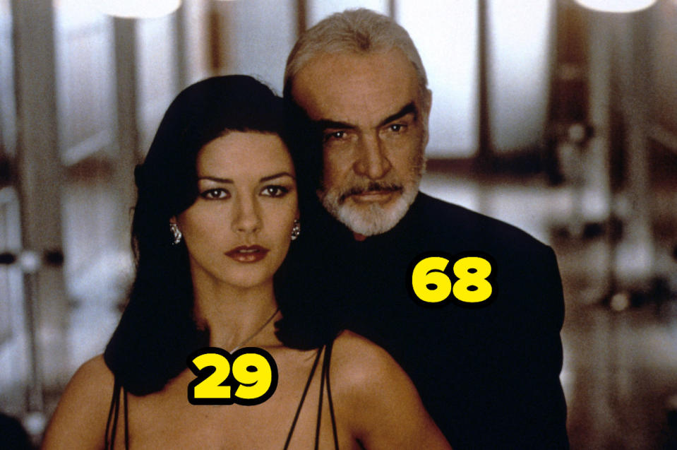 Catherine Zeta-Jones is 29; Sean Connery behind her is 68