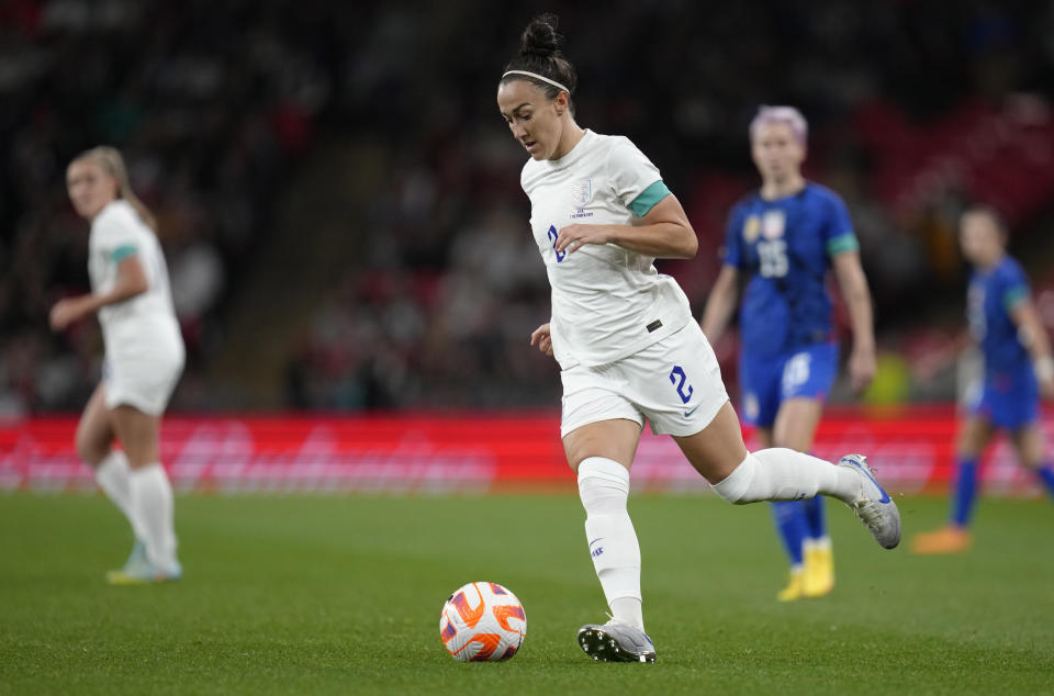 FILE - England's Lucy Bronze in action during the women's friendly soccer match between England and the US at Wembley stadium in London, Friday, Oct. 7, 2022. (AP Photo/Kirsty Wigglesworth, File)