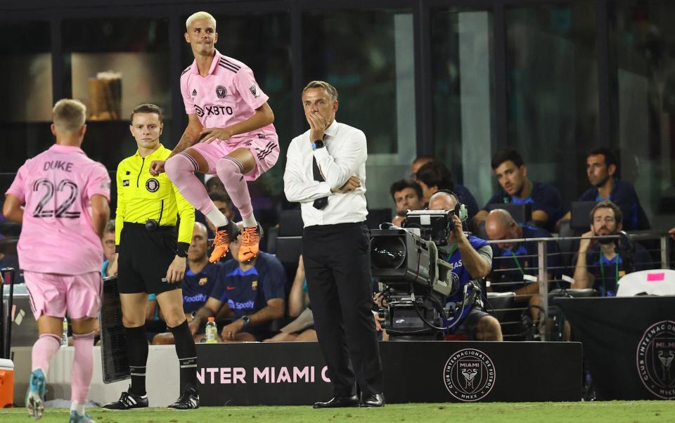 Romeo Beckham prepares to come on for Inter Miami against Barcelona - GETTY IMAGES