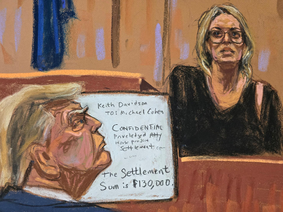 Former U.S. President Donald Trump watches as Stormy Daniels is questioned by prosecutor Susan Hoffinger during Trump's criminal trial on charges that he falsified business records to conceal money paid to silence porn star Stormy Daniels in 2016, in Manhattan state court in New York City, U.S. May 7, 2024 in this courtroom sketch. REUTERS/Jane Rosenberg