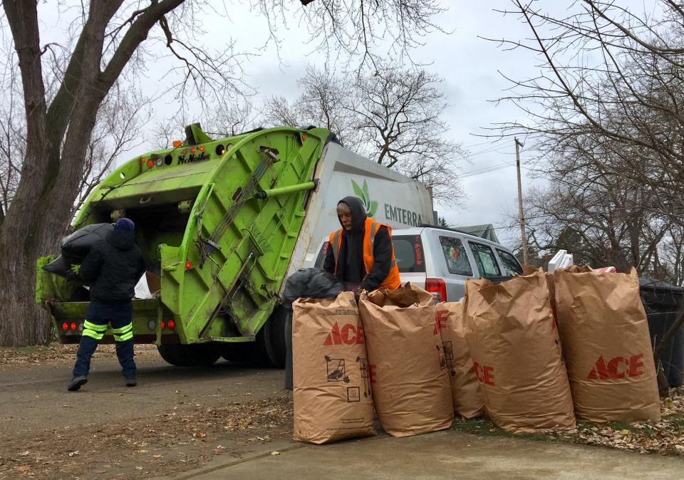 Bags of leaves on Wall Street await pickup by Emterra crews on Wednesday, Nov. 28, 2018, in Port Huron.