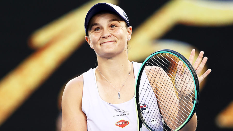 World No.1 Ash Barty (pictured) smiles and thanks the crowed after she advanced to the second round of the Australian Open.