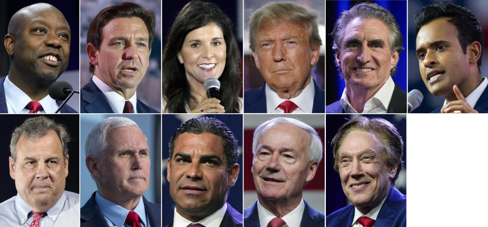 This combination of photos shows Republican presidential candidates, top row from left, Sen. Tim Scott, R-S.C., Florida Gov. Ron DeSantis, former South Carolina Gov. Nikki Haley, former President Donald Trump, North Dakota Gov. Doug Burgum and Vivek Ramaswamy, bottom row from left, former New Jersey Gov. Chris Christie, former Vice President Mike Pence, Miami Mayor Francis Suarez, former Arkansas Gov. Asa Hutchinson and Perry Johnson. (AP Photo)