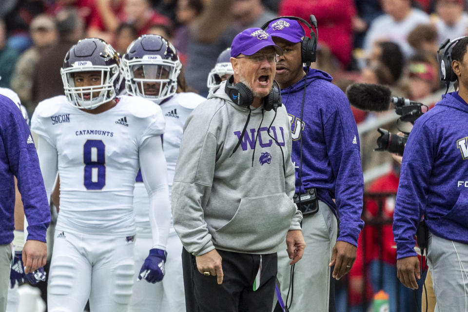 Western Carolina head coach Mark Speir yells at the officials during the first half of an NCAA college football game against Alabama, Saturday, Nov. 23, 2019, in Tuscaloosa, Ala. (AP Photo/Vasha Hunt)