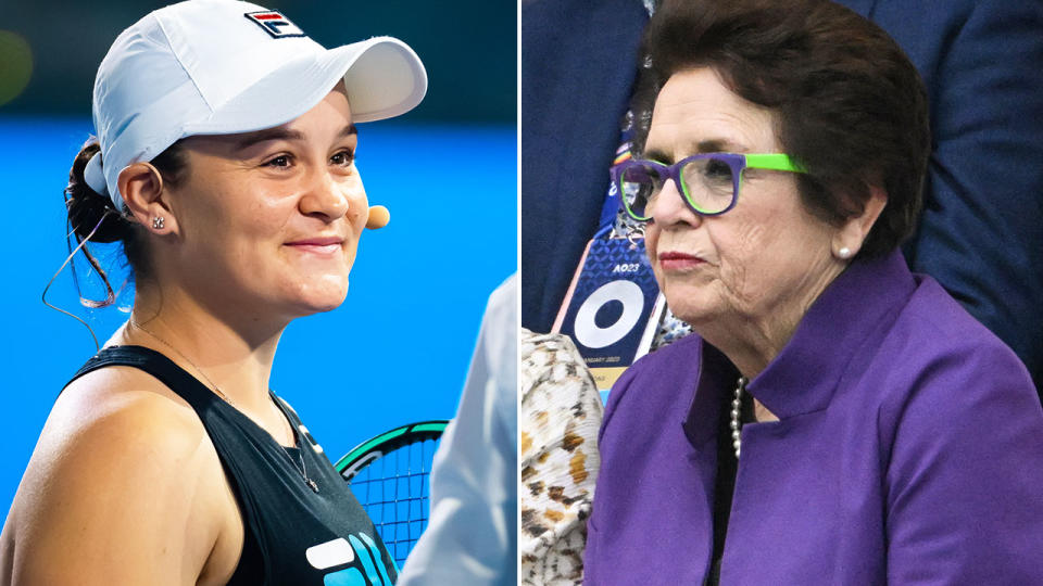 Pictured right is American tennis great Billie Jean King and Aussie champion Ash Barty on the left.