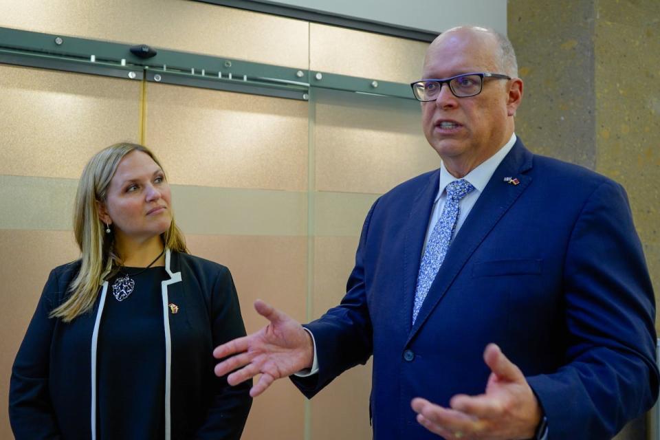 Bloc Québécois MP Stéphane Bergeron and NDP MP Lyndsay Mathyssen speaking to media in Yerevan, Armenia on October 25th, 2023, as they accompanied an official Canadian government visit. Both opposition parties have been asking Ottawa to sanction Azerbaijan. 