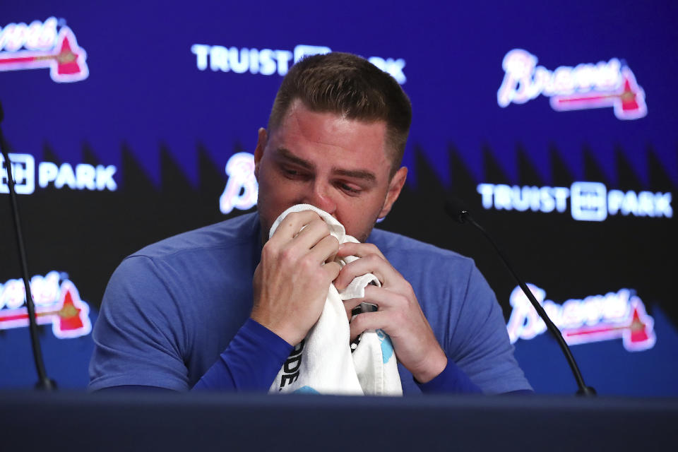 Los Angeles Dodgers' Freddie Freeman, formerly of the Atlanta Braves, becomes emotional during a pregame baseball news conference before taking on his former team, Friday, June 24, 2022, in Atlanta. (Curtis Compton/Atlanta Journal-Constitution via AP)
