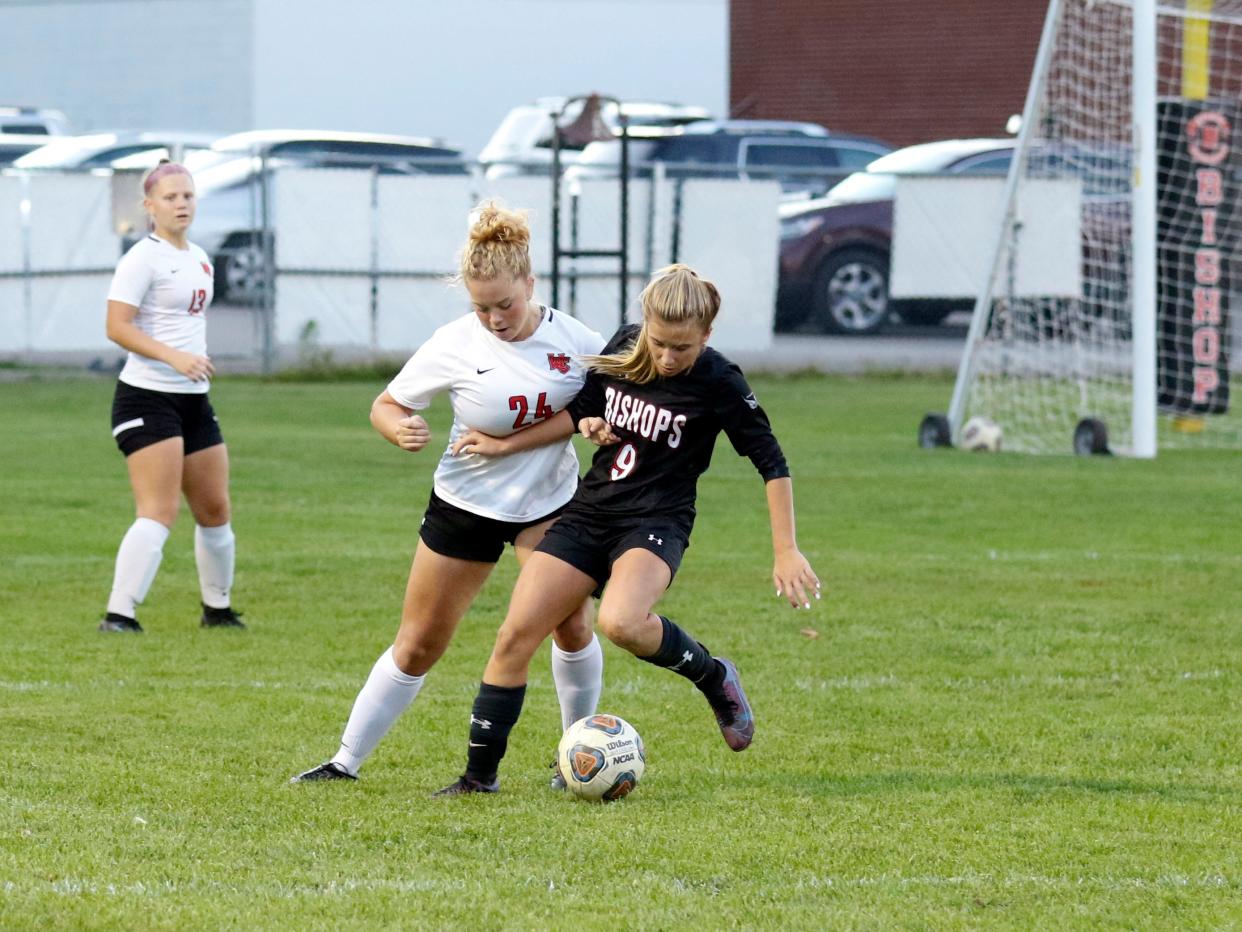 Sydnee Maxwell fights for the ball during a game with Worthington Christian. Maxwell is nearing the 100-goal mark for her career and has a scholarship to play for DePaul University.