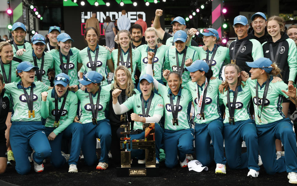 Oval Invincibles celebrate their win after defeating Southern Brave by 48 runs in the Hundred Women's final at Lord's