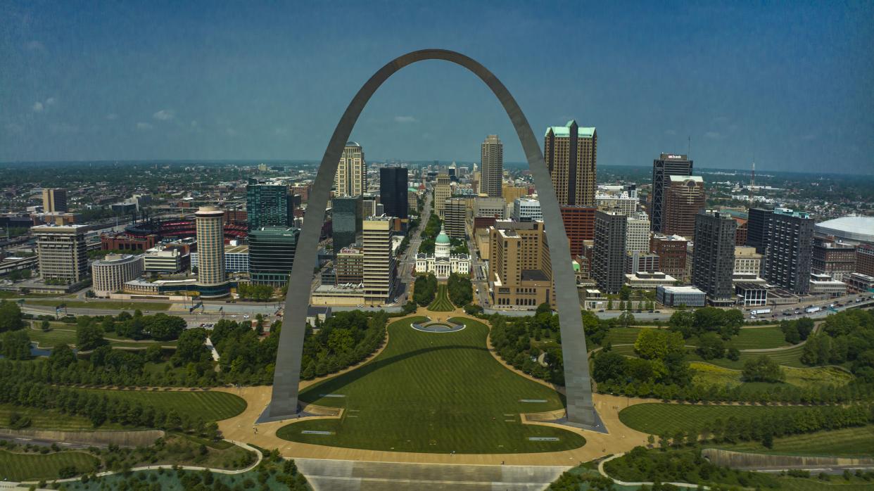 Aerial view of City of St. Louis skyline with Gateway Arch and Mississippi River, Missouri. (Photo by: Visions of America/Joseph Sohm/Universal Images Group via Getty Images)