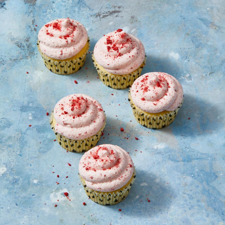 <p>No food coloring here! Freeze-dried berries give the sweet frosting a naturally rosy color and strawberry flavor.</p><p><em><a href="https://www.goodhousekeeping.com/food-recipes/dessert/a31251488/lemon-cupcakes-with-strawberry-frosting-recipe/" rel="nofollow noopener" target="_blank" data-ylk="slk:Get the recipe for Lemon Cupcakes With Strawberry Frosting »;elm:context_link;itc:0;sec:content-canvas" class="link ">Get the recipe for Lemon Cupcakes With Strawberry Frosting »</a></em> </p>