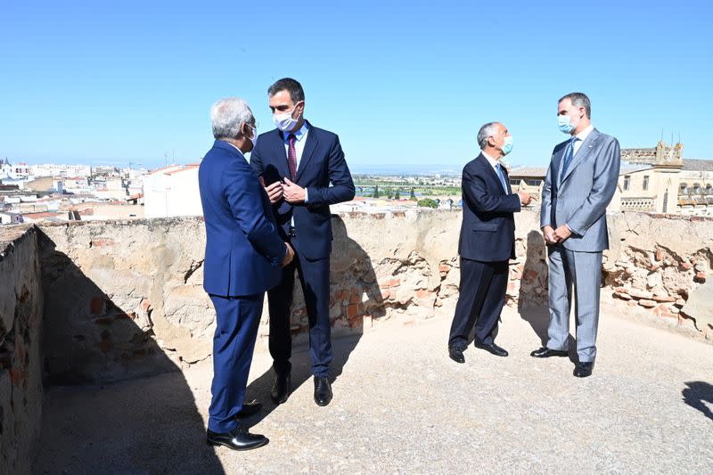 Portugal's Prime Minister Antonio Costa, Spain's Prime Minister Pedro Sanchez, Portugal's President Marcelo Rebelo de Sousa and Spain's King Felipe attend the reopen borders ceremony between Spain and Portugal in Badajoz