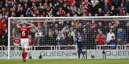 Britain Soccer Football - Middlesbrough v Manchester United - Premier League - The Riverside Stadium - 19/3/17 Manchester United's Antonio Valencia scores their third goal Action Images via Reuters / Lee Smith Livepic