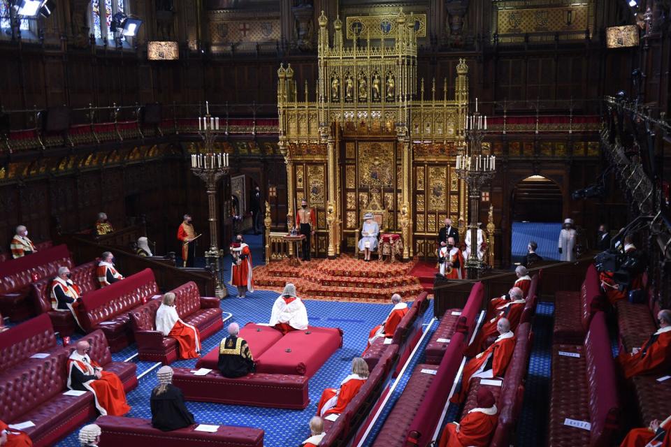 Queen Elizabeth II reads the Queen's Speech on the The Sovereign's Throne in the House of Lords chamber