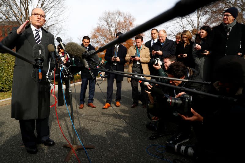 U.S. Director of the Economic Council Larry Kudlow speaks to the media outside the West Wing of the White House in Washington