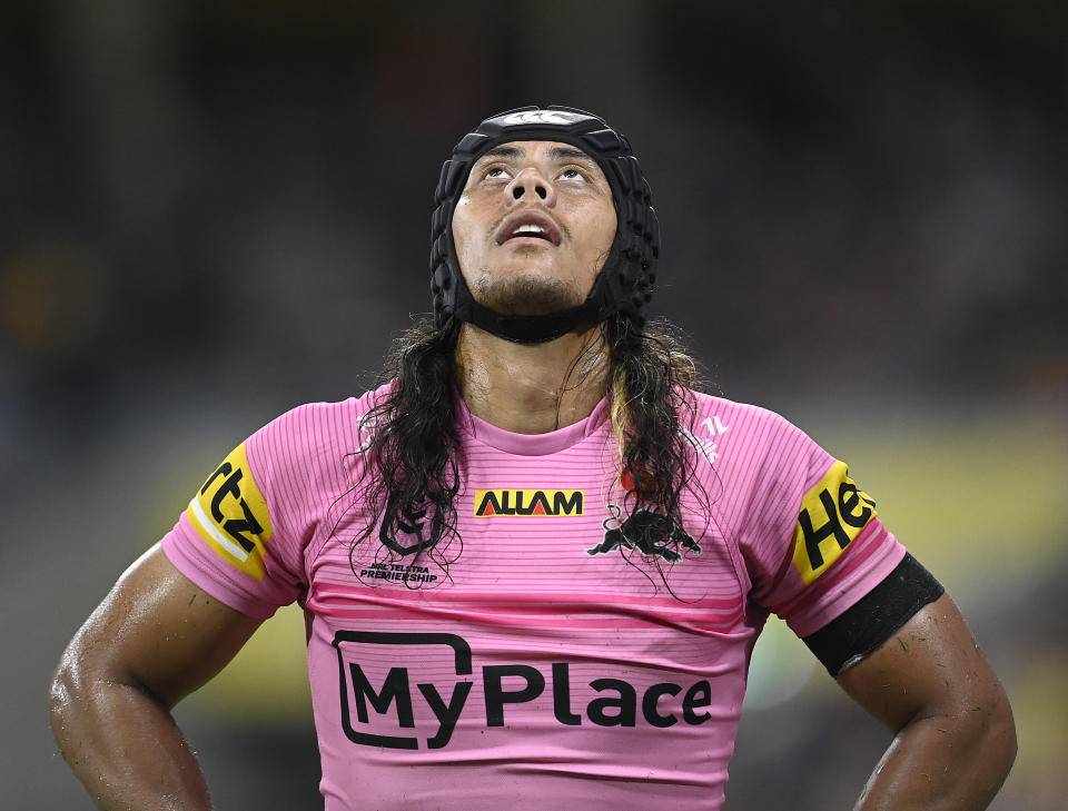 Jarome Luai reacts during a NRL match.