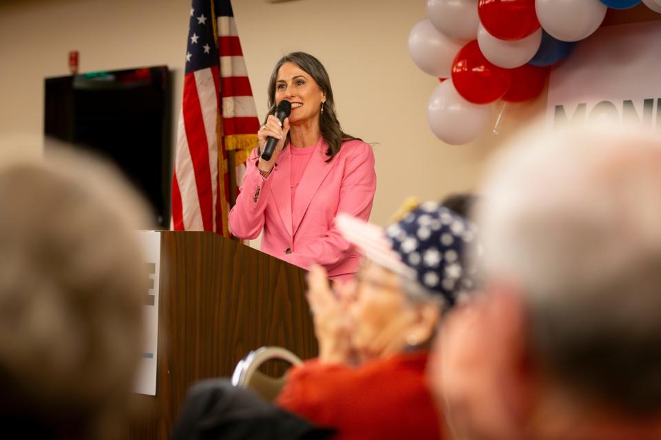 Republican congressional candidate Monique DeSpain speaks during a campaign rally hosted by DeSpain's campaign team on May 21 at the Inn at the Fifth in Eugene.