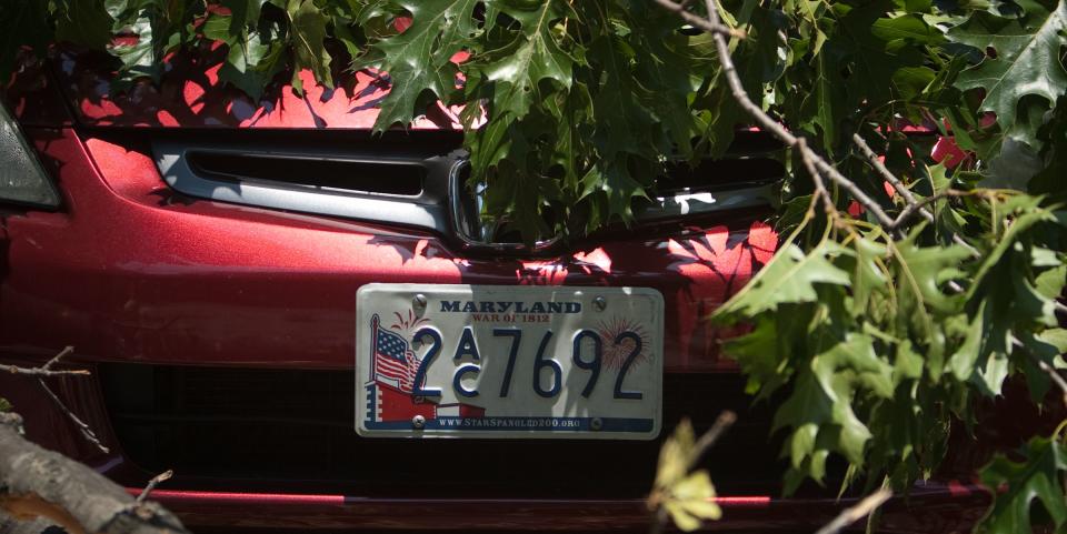 takoma park, md june 30 the license plate of a car left in the middle of the road peeks out from under branches after a massive storm the previous night brought a tree down onto it on june 30, 2012 in takoma park, maryland the severe storm has left more than a million people in the maryland, northern virginia and the district area without power and at least five dead photo by allison shelleygetty images