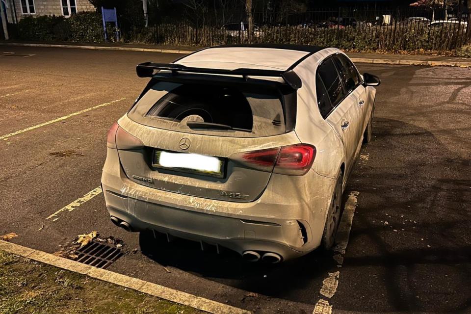 The mud-spattered Mercedes in Culham <i>(Image: Thames Valley Police)</i>