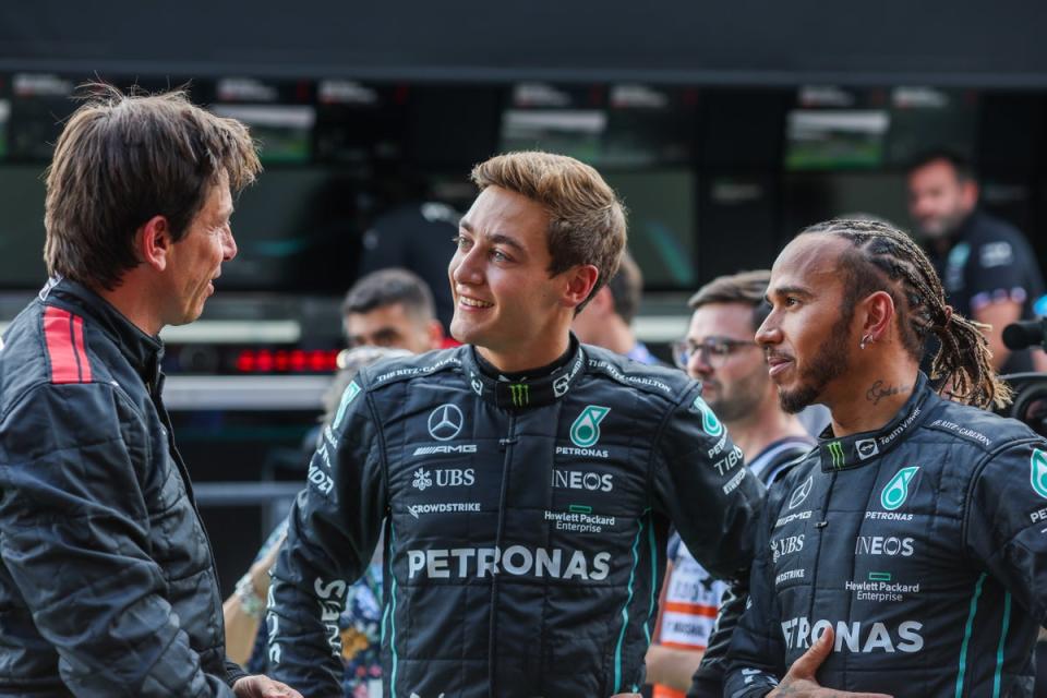 Russell and Hamilton have clashed in the absence of Mercedes boss Toto Wolff (left) (Getty Images)