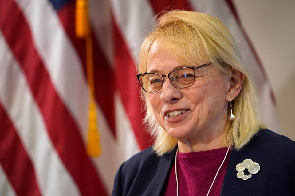 Maine Gov. Janet Mills speaks to reporters May, 4, 2022, at the State House in Augusta, Maine. Mills, who is running for reelection, is being challenged by former Republican Gov. Paul LePage.