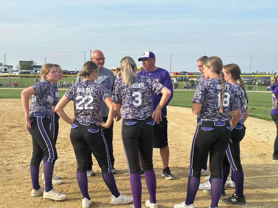 Orangeville head coach Ron Scheuerell talks to his team after a recent win on the Orangeville softball diamond. The Broncos take on their rivals in Forreston on Tuesday, May 23, 2023, in the sectional semifinal.