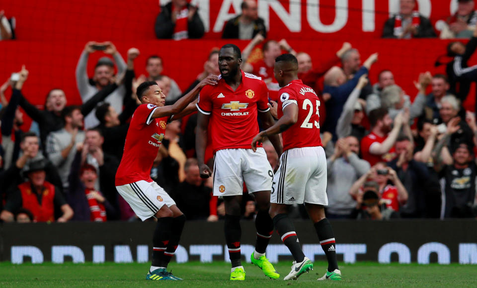 Romelu Lukaku scored one and set up another of Manchester United’s three late goals against Everton.