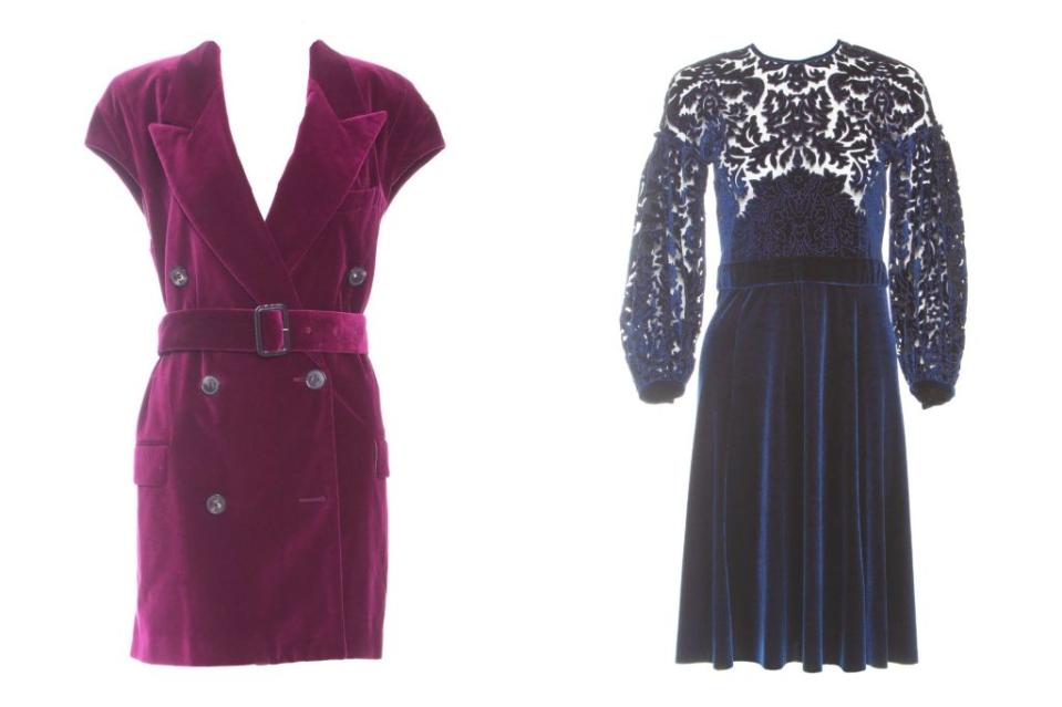 This burgundy velvet mini dress (left) from the sale was worn by Chastain for an appearance on “The Late Show with Stephen Colbert,” while the blue Givenchy dress (right) was worn in the early days of a longtime friendship between Chastain and designer Riccardo Tisci.