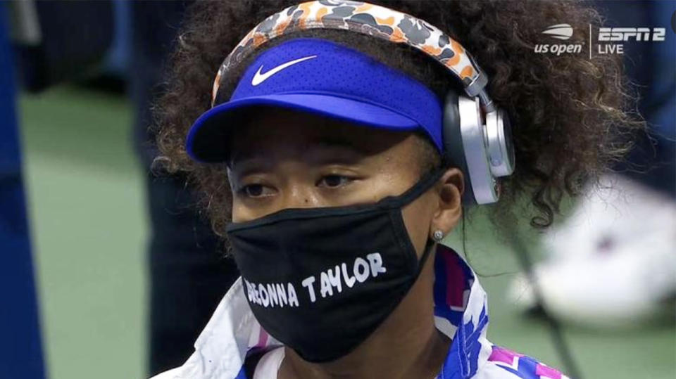 Naomi Osaka wearing a Breonna Taylor mask at the US Open.