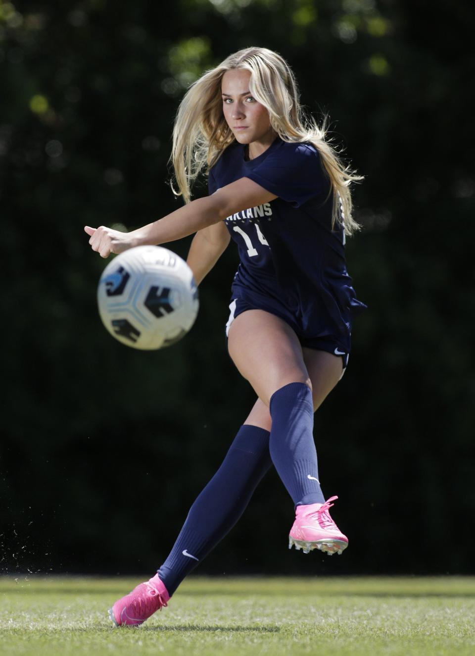 St. Johns Country Day sophomore Sydney Schmidt takes a shot on the Spartans' soccer field.