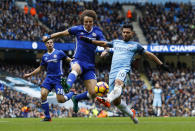 Britain Football Soccer - Manchester City v Chelsea - Premier League - Etihad Stadium - 3/12/16 Manchester City's Sergio Aguero in action with Chelsea's David Luiz Action Images via Reuters / Jason Cairnduff Livepic EDITORIAL USE ONLY. No use with unauthorized audio, video, data, fixture lists, club/league logos or "live" services. Online in-match use limited to 45 images, no video emulation. No use in betting, games or single club/league/player publications. Please contact your account representative for further details.